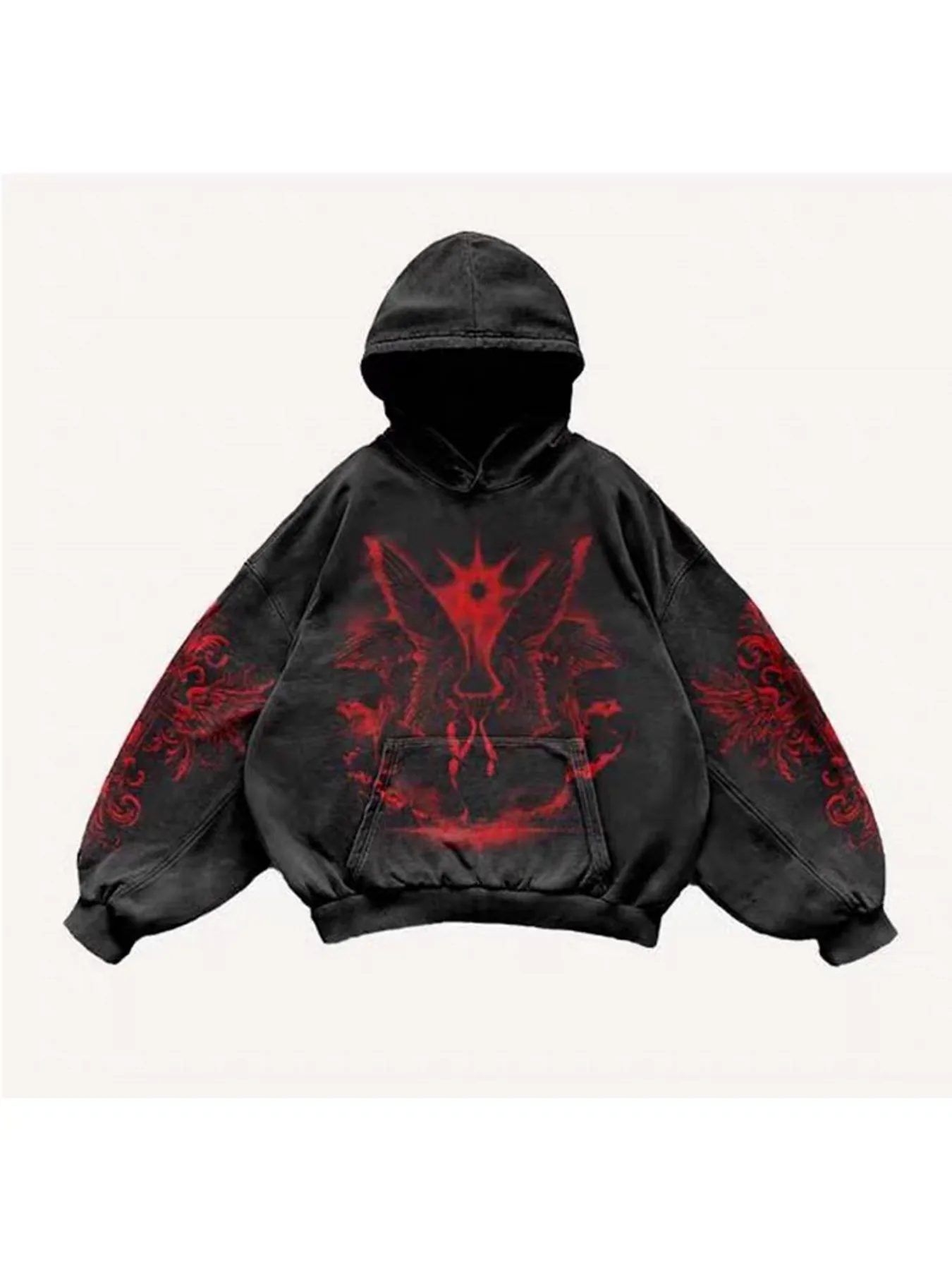Dark hoodie with red front and sleeve graphic artwork