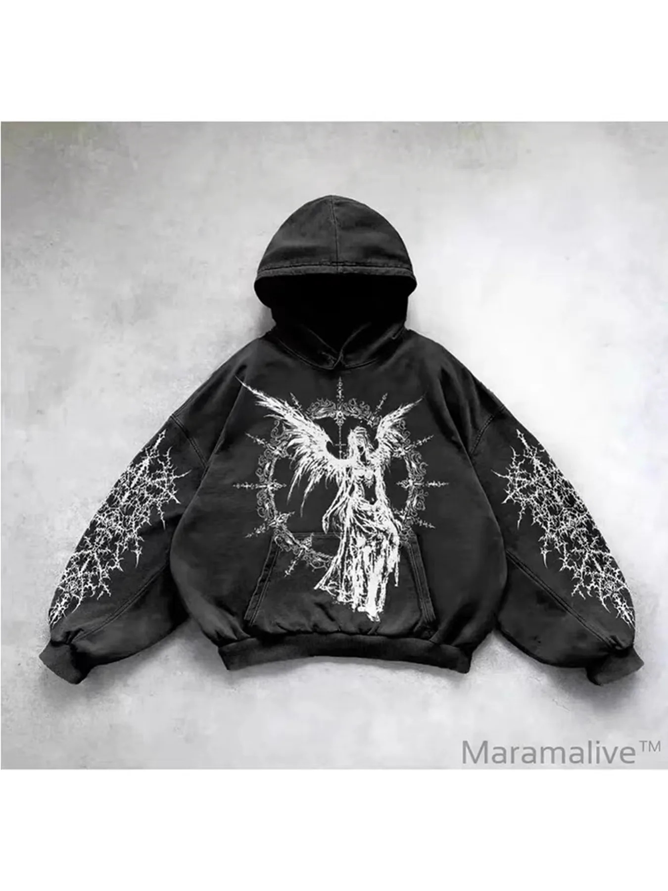 Dark graphic hoodie with white artwork across body and sleeves