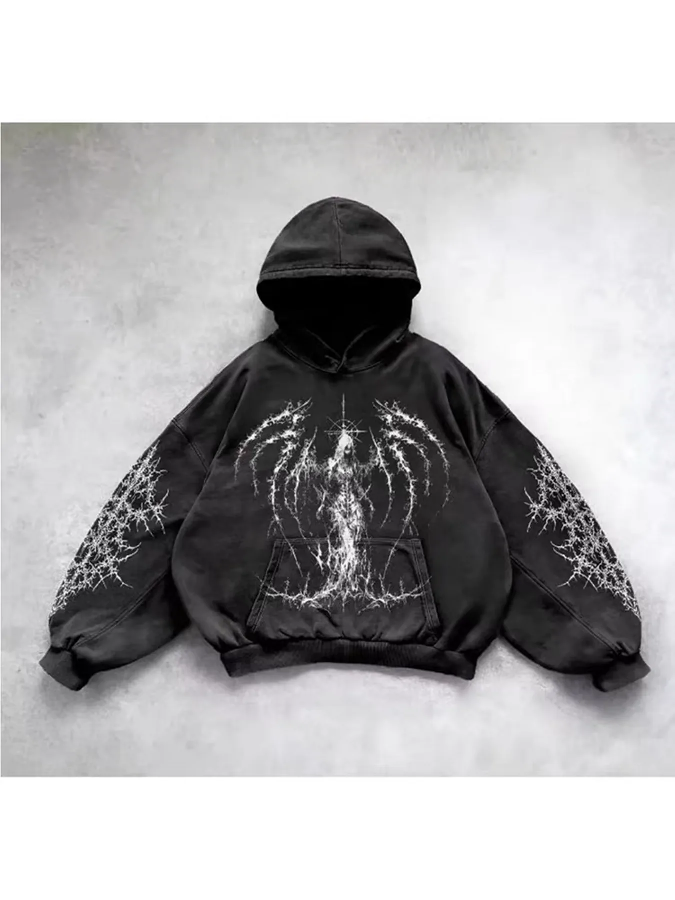 Dark hoodie with white front and sleeve graphic artwork