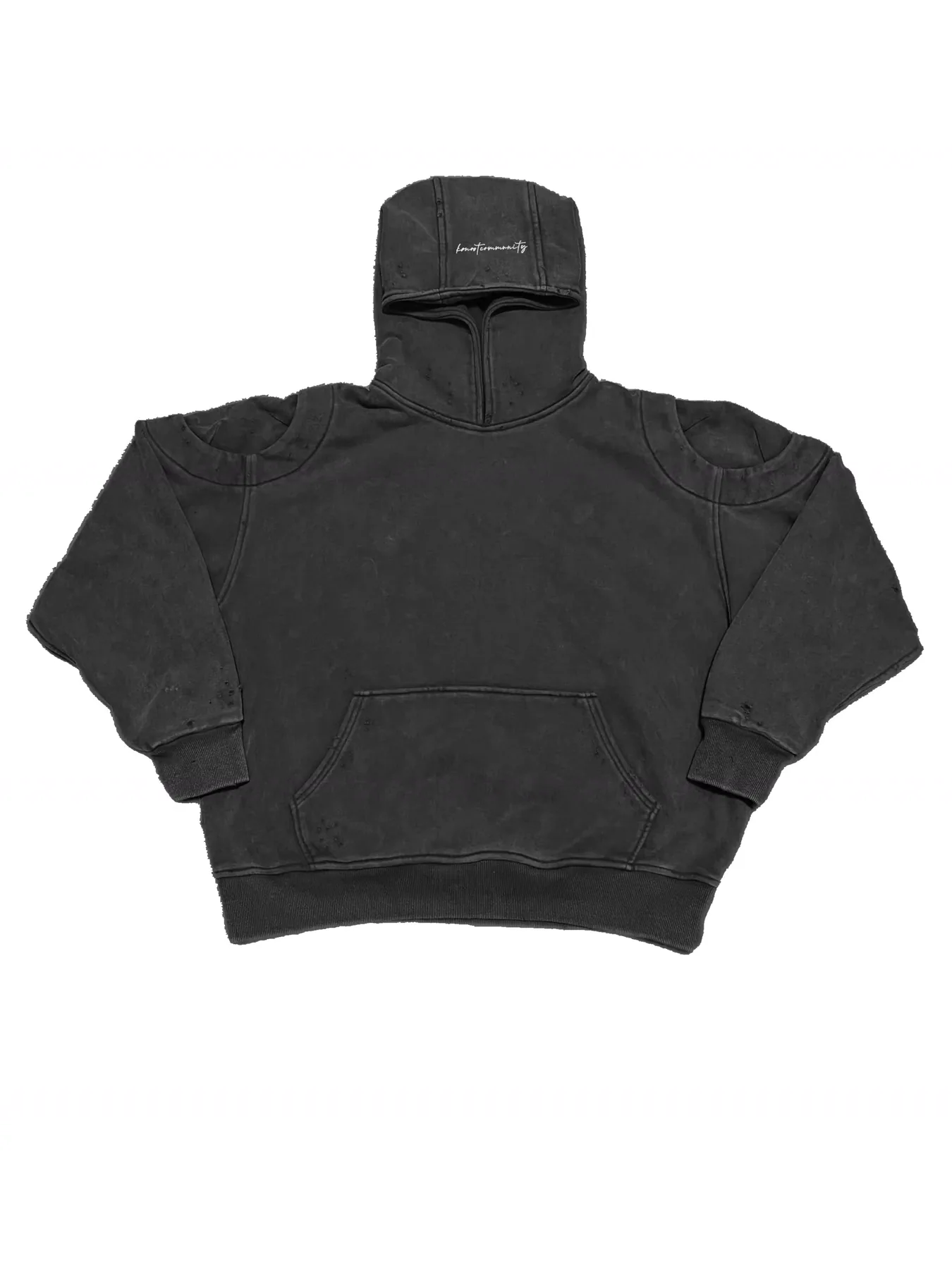 Finished black custom hoodie with graphic decoration