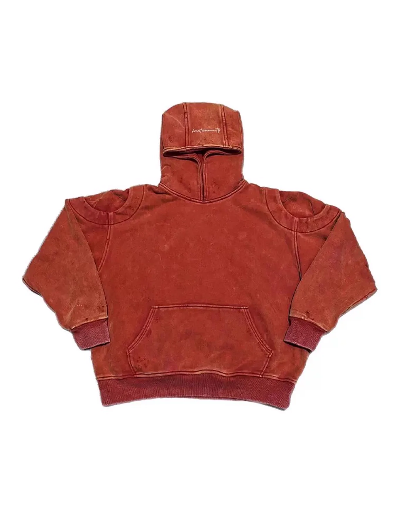 Washed red hooded sweatshirt with kangaroo pocket