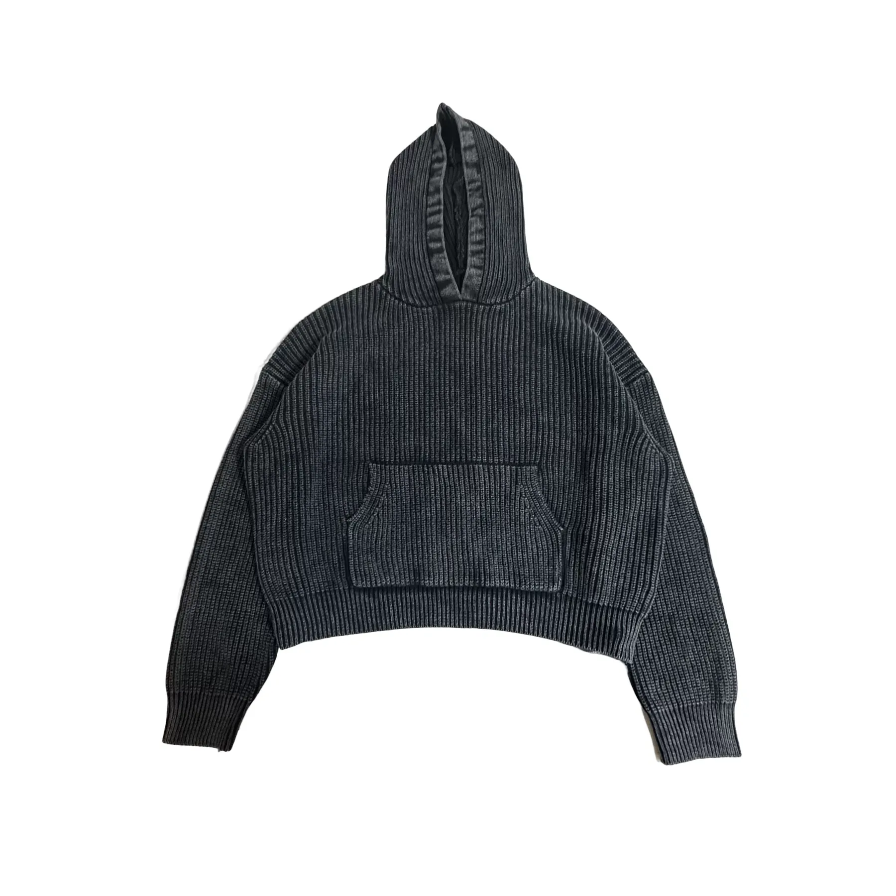 Cropped dark ribbed knit hoodie with front pocket