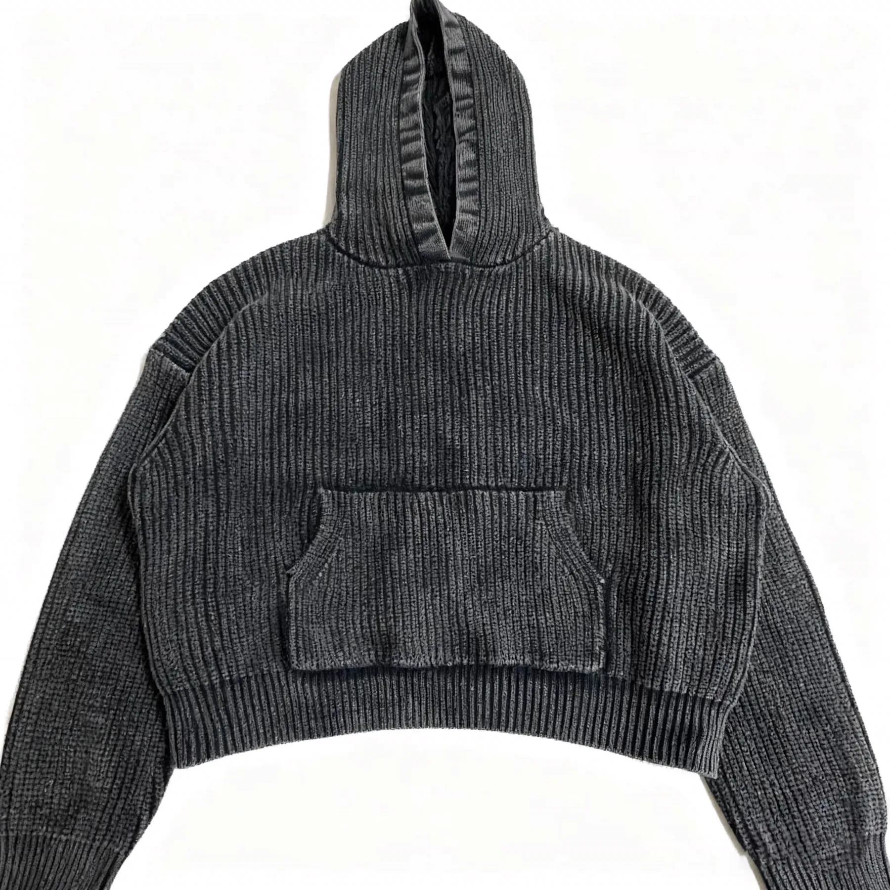 Dark ribbed knit hoodie with front pocket